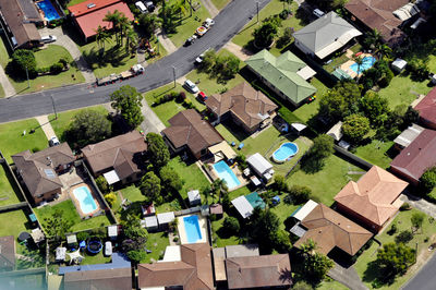 High angle view of houses in town