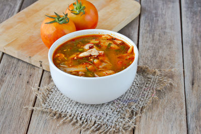 High angle view of soup in bowl on table