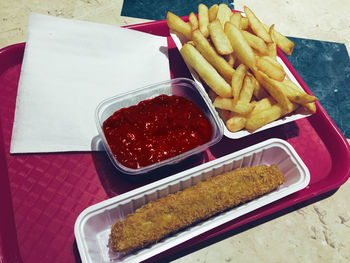 High angle view of food on table