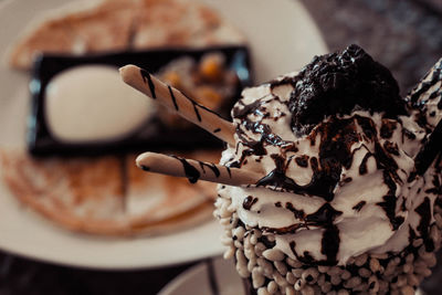 Close-up of chocolate cake on table