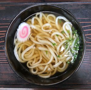 High angle view of noodles in bowl on table