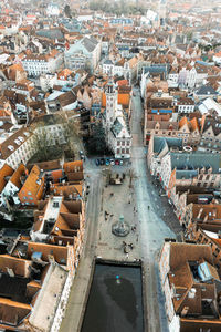 Aerial view of town with little houses and canals