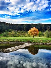 Scenic view of lake in front of field against cloudy sky