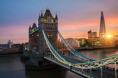 Tower bridge over river in city