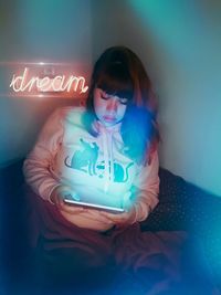 Portrait of woman with text