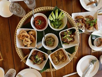 High angle view of meal served on table