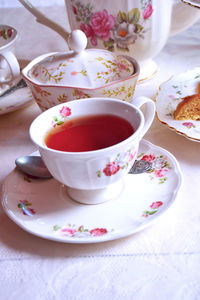 High angle view of tea cup on table