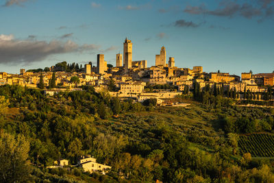 Trees and medieval city on hill against sky