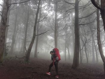 Full length of man standing amidst trees in forest
