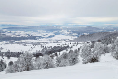 Scenic view of landscape against sky during winter