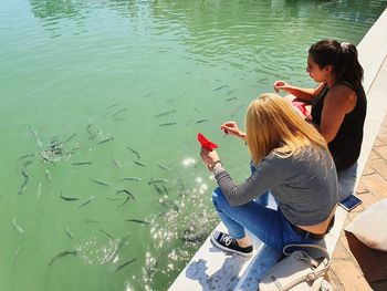 High angle view of friends feeding fish in lake