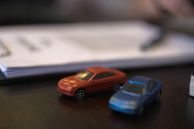 Close-up of toy car on table