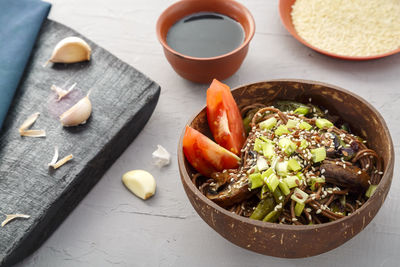 High angle view of vegetables in bowl on table