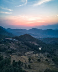 High angle view of landscape against sky during sunset