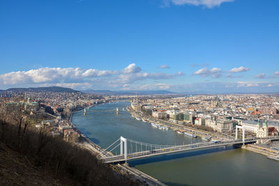 Bridge over river in city against cloudy sky