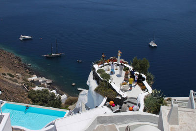 High angle view of nautical vessel on sea against sky
