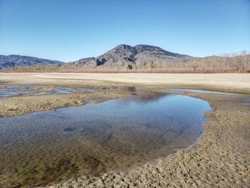 Scenic view of lake and mountains against clear blue sky