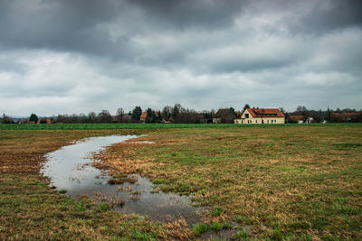 Houses on field against sky