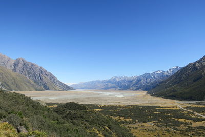 Scenic view of landscape and mountains against clear blue sky