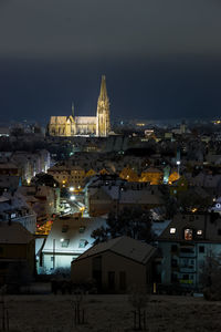 High angle view of illuminated city at night