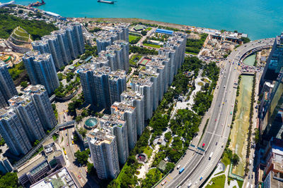 High angle view of modern buildings in city