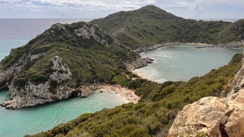 High angle view of bay and mountains