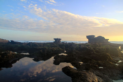 Rock formations against sky during sunset