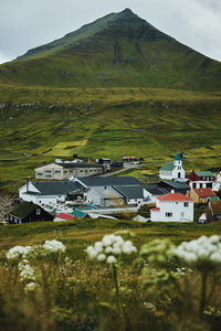 Houses on field against mountain