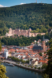 High angle view of townscape by river