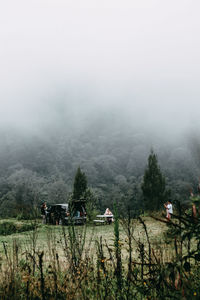 Scenic view of landscape against sky during foggy weather