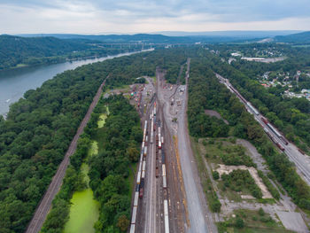 An aerial view of the train yards in northumberland city.