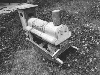 High angle view of abandoned truck on field