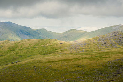 View from ranger path at llanberis path and mountain train  to the yr wyddfa peak - snowdon mountain