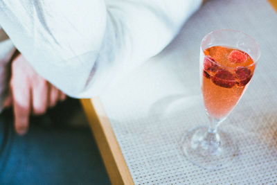 High angle view of beer in glass