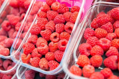 High angle view of strawberries in market