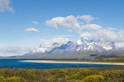 Scenic view of snowcapped mountains against sky