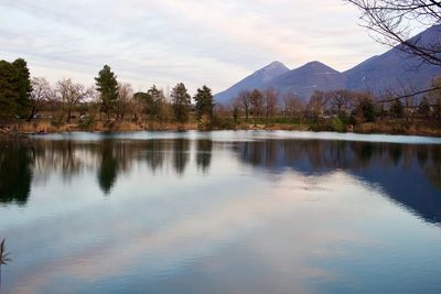 Scenic view of lake by trees against sky