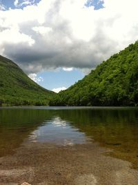 Scenic view of lake against cloudy sky