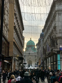 Group of people in city buildings