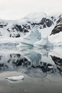 Iceberg and reflections on still seas in antarctica near paradise harbour