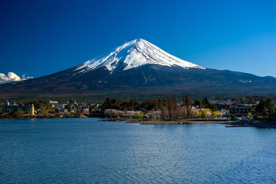 Scenic view of snowcapped mountain against blue sky