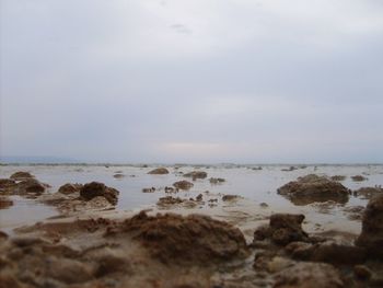 Rocks on beach against sky