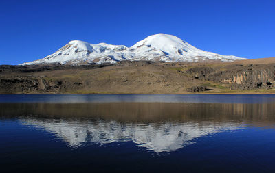 Scenic view of lake and snowcapped mountains against clear blue sky