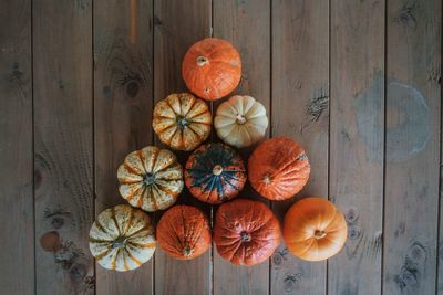 Overhead view of pumpkins on table