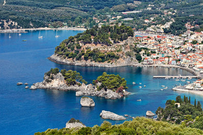 High angle view of boats in bay