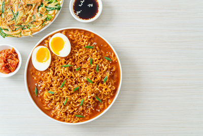 Directly above shot of food in bowl on table