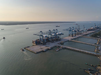 High angle view of commercial dock against sky