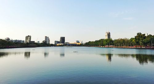 Reflection of buildings in lake