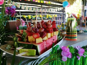 Fruits and flowers on table