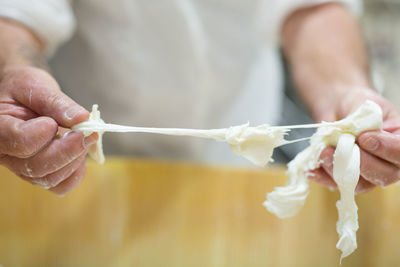 Midsection of worker holding mozzarella cheese at factory